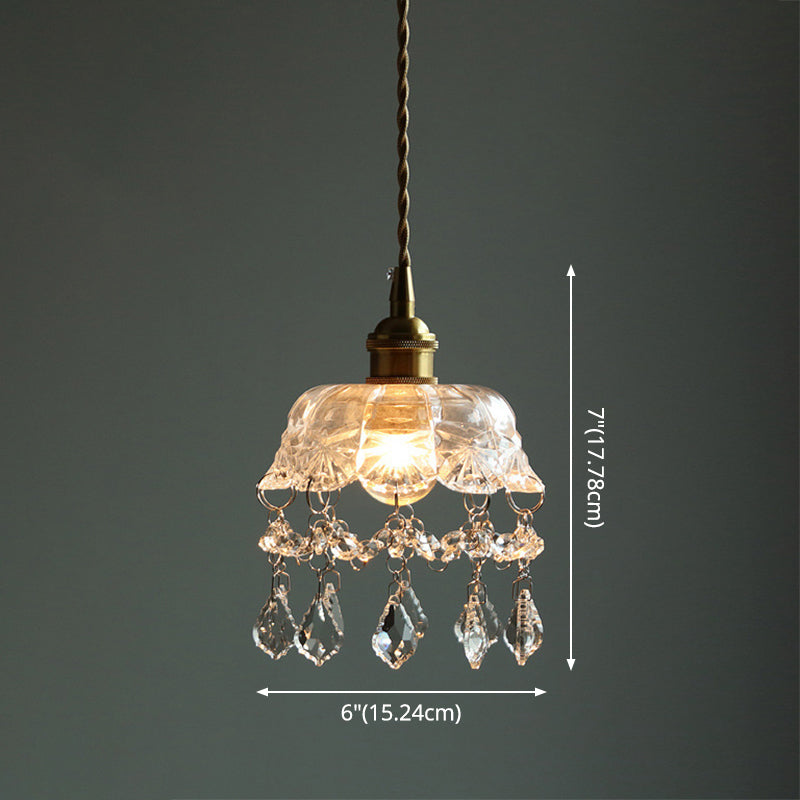 Brass 1-Head Ceiling Light Vintage Clear Glass Flower Pendant Light with Teardrop Crystals Clearhalo 'Ceiling Lights' 'Glass shade' 'Glass' 'Industrial Pendants' 'Industrial' 'Middle Century Pendants' 'Pendant Lights' 'Pendants' 'Tiffany' Lighting' 2546630