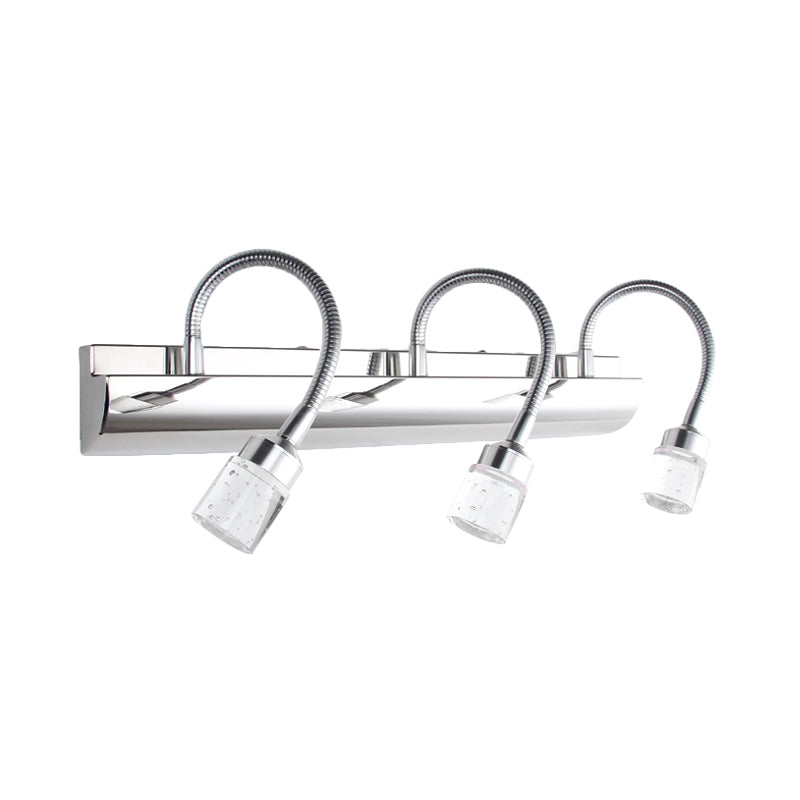 Clear Crystal Cylinder Vanity Mirror Light Modernist 3 Lights Chrome Wall Sconce Lamp with Gooseneck Arm, 12.5"/18" W Clearhalo 'Modern wall lights' 'Modern' 'Vanity Lights' 'Wall Lights' Lighting' 254668