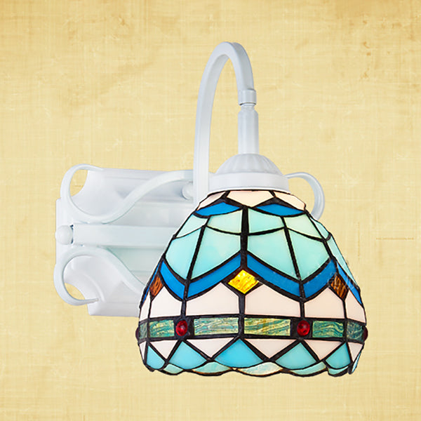 Retro Style Domed Wall Light Fixture Stained Glass 1 Light Down Lighting Wall Mount Fixture in Beige/Blue/Blue-White/White Clearhalo 'Industrial' 'Middle century wall lights' 'Tiffany wall lights' 'Tiffany' 'Wall Lamps & Sconces' 'Wall Lights' Lighting' 25467