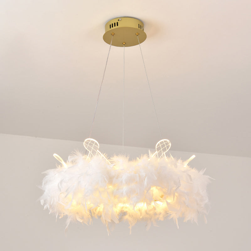 Feather Crown Suspension Lighting Nordic Gold and White Chandelier for Girls Room 1 Gold Clearhalo 'Ceiling Lights' 'Chandeliers' 'Modern Chandeliers' 'Modern' Lighting' 2546709