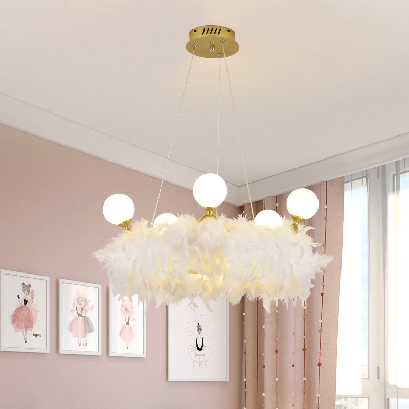 Feather Crown Suspension Lighting Nordic Gold and White Chandelier for Girls Room Clearhalo 'Ceiling Lights' 'Chandeliers' 'Modern Chandeliers' 'Modern' Lighting' 2546713
