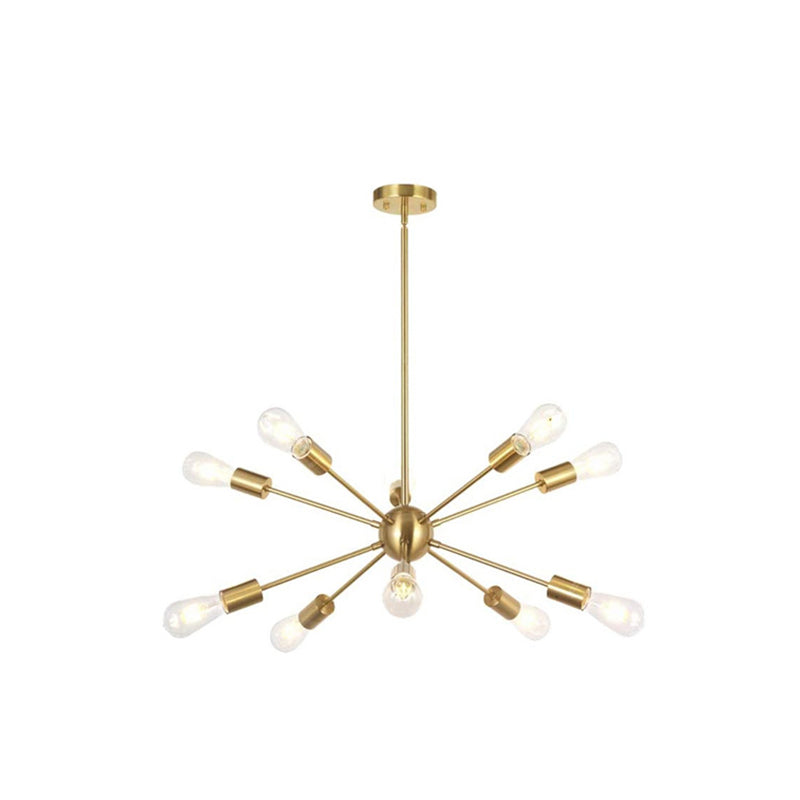Industrial Bare Bulb Chandelier Metallic Pendant Light Fixture with Sun Burst Design 10 Brass Clearhalo 'Cast Iron' 'Ceiling Lights' 'Chandeliers' 'Industrial Chandeliers' 'Industrial' 'Metal' 'Middle Century Chandeliers' 'Rustic Chandeliers' 'Tiffany' Lighting' 2546800