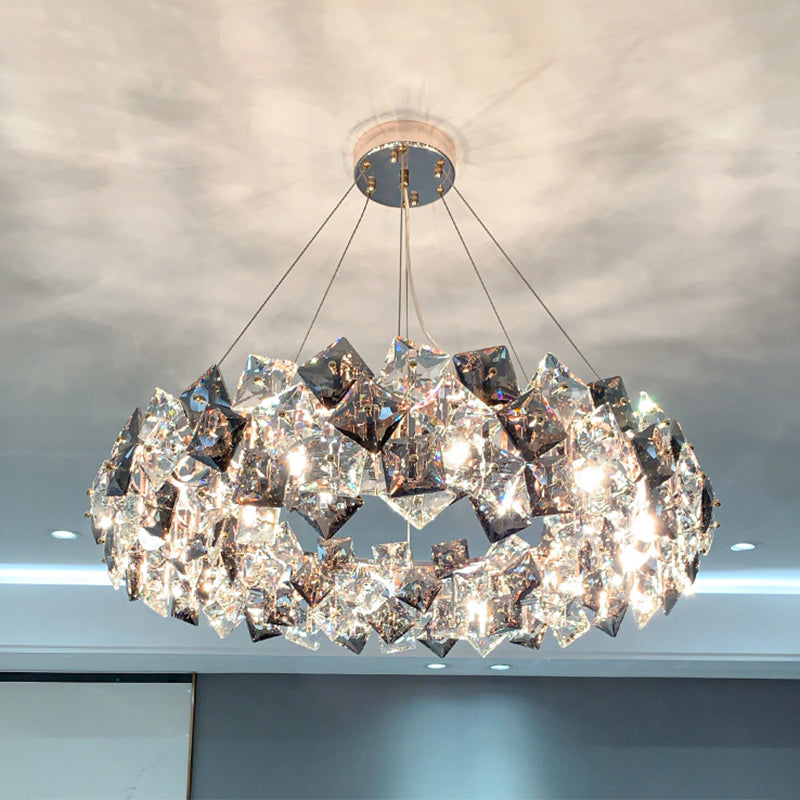 Drum Pendant Ceiling Light Modernist Smoke Grey Crystal Living Room Chandelier Lamp Smoke Gray 39.5" Rhombus Clearhalo 'Ceiling Lights' 'Chandeliers' 'Modern Chandeliers' 'Modern' Lighting' 2546915