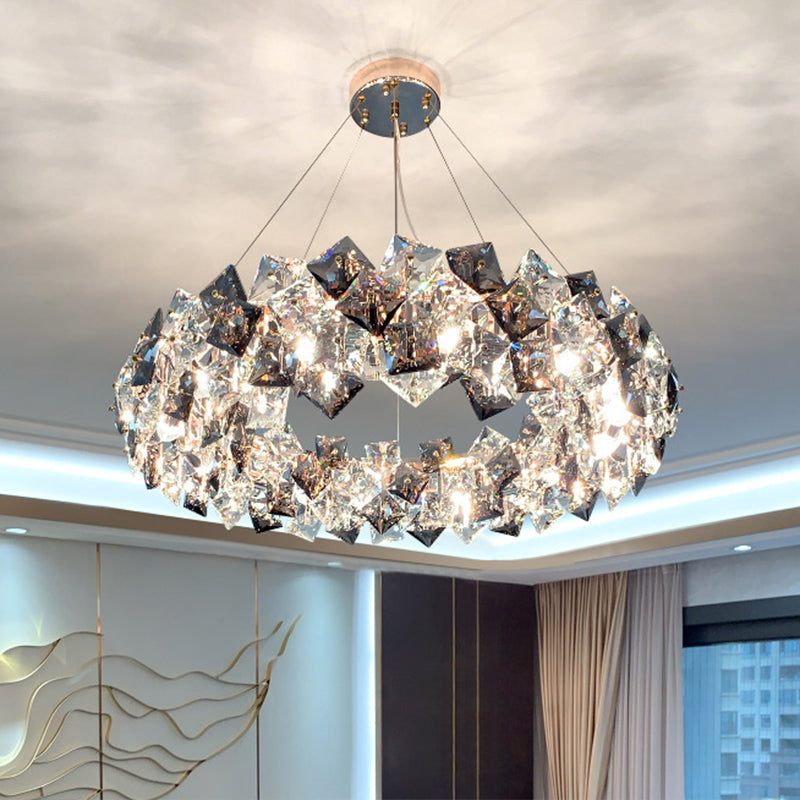 Drum Pendant Ceiling Light Modernist Smoke Grey Crystal Living Room Chandelier Lamp Clearhalo 'Ceiling Lights' 'Chandeliers' 'Modern Chandeliers' 'Modern' Lighting' 2546941