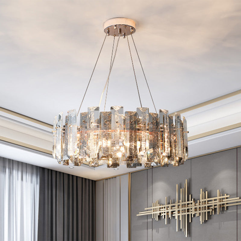 Drum Pendant Ceiling Light Modernist Smoke Grey Crystal Living Room Chandelier Lamp Clearhalo 'Ceiling Lights' 'Chandeliers' 'Modern Chandeliers' 'Modern' Lighting' 2546947