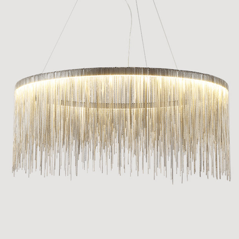 Silver Tassel Chain Pendant Lamp Modernist Metal Ceiling Chandelier in Round Shape Silver Clearhalo 'Ceiling Lights' 'Chandeliers' 'Modern Chandeliers' 'Modern' Lighting' 2547001