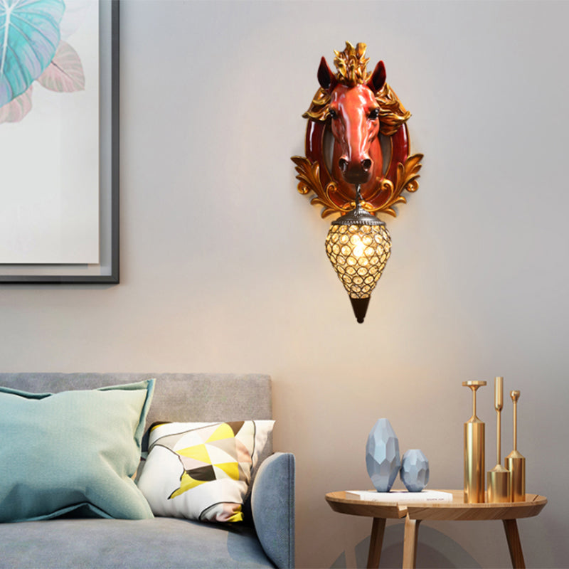 1 Light Living Room Wall Light Vintage Sconce with White/Red Horse Resin Decoration, 10"/12" Wide Clearhalo 'Wall Lamps & Sconces' 'Wall Lights' Lighting' 254785