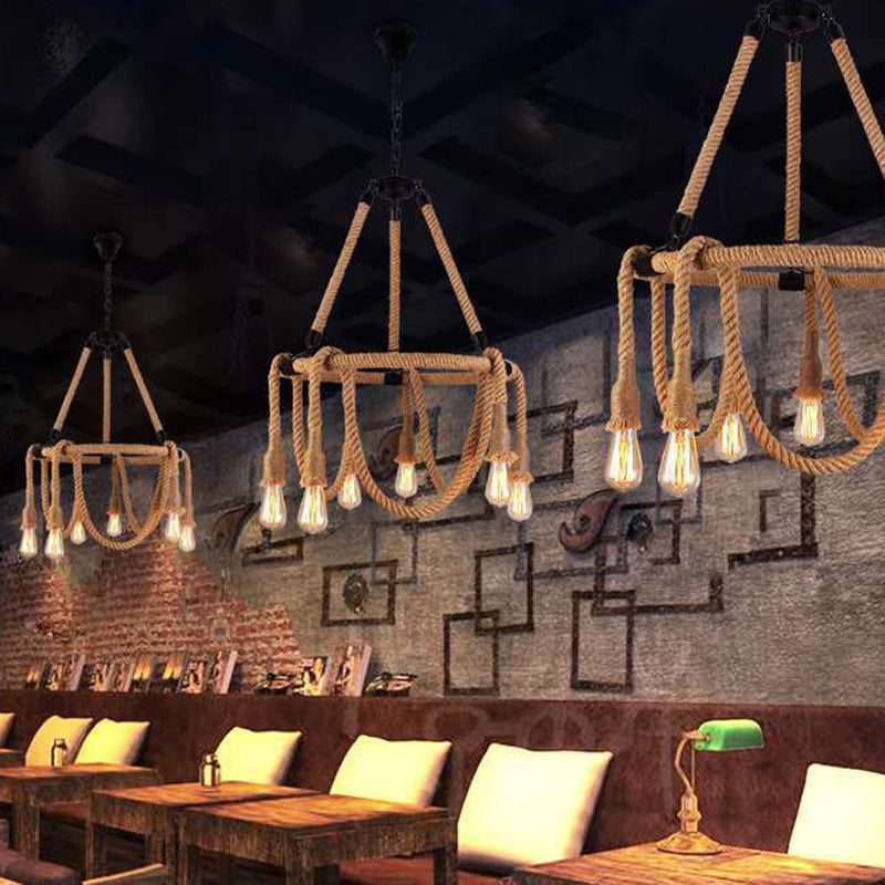 6 Lights Adjustable Rope Chandelier Lighting Fixtures Industrial Beige Hanging Ceiling Light Clearhalo 'Ceiling Lights' 'Chandeliers' 'Industrial Chandeliers' 'Industrial' 'Middle Century Chandeliers' 'Tiffany' Lighting' 2549032