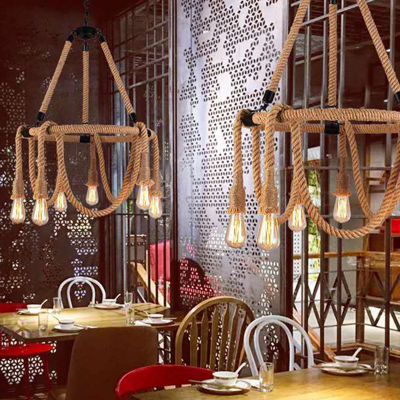 6 Lights Adjustable Rope Chandelier Lighting Fixtures Industrial Beige Hanging Ceiling Light Clearhalo 'Ceiling Lights' 'Chandeliers' 'Industrial Chandeliers' 'Industrial' 'Middle Century Chandeliers' 'Tiffany' Lighting' 2549033