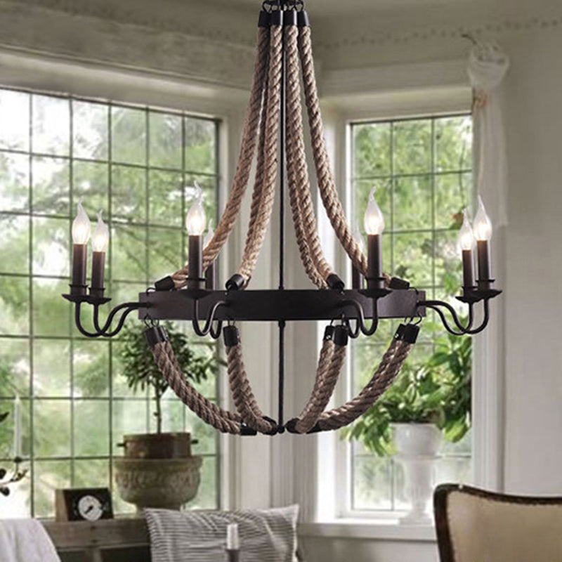 Circular Metal Ring Rope Hanging Ceiling Light Industrial Black Pendant Light Fixture Clearhalo 'Ceiling Lights' 'Chandeliers' 'Industrial Chandeliers' 'Industrial' 'Middle Century Chandeliers' 'Tiffany' Lighting' 2549036