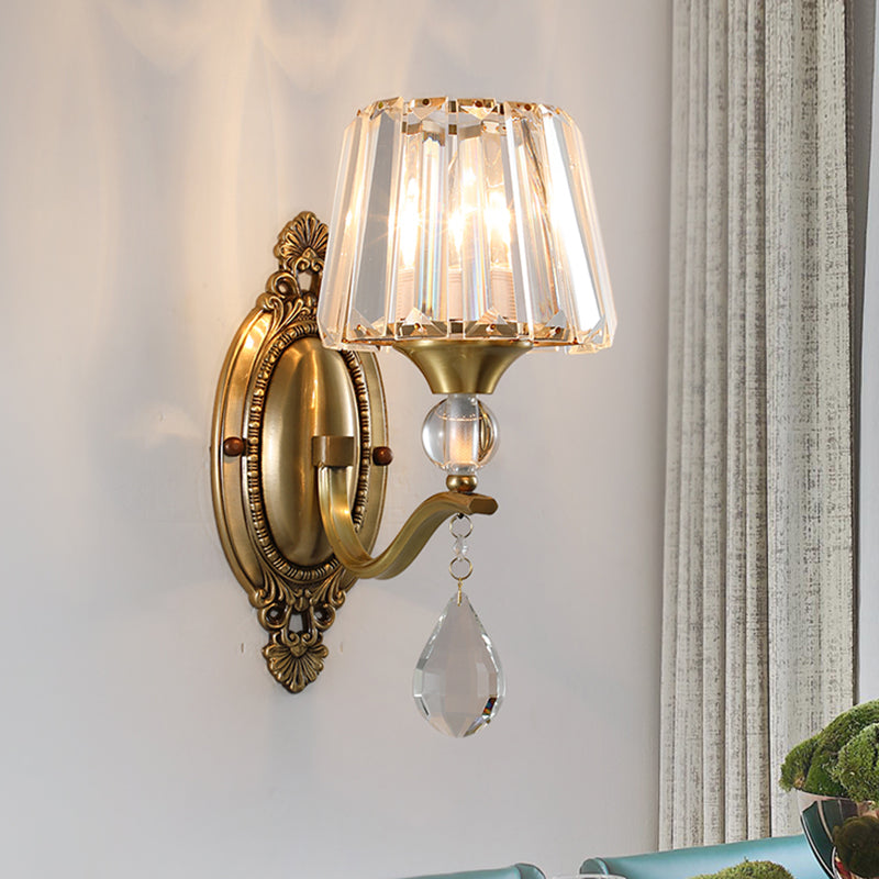 Postmodern Conical Crystal Block Wall Mount Light 1/2 Lights Sconce Light in Brass for Living Room Clearhalo 'Modern wall lights' 'Modern' 'Wall Lamps & Sconces' 'Wall Lights' Lighting' 254964