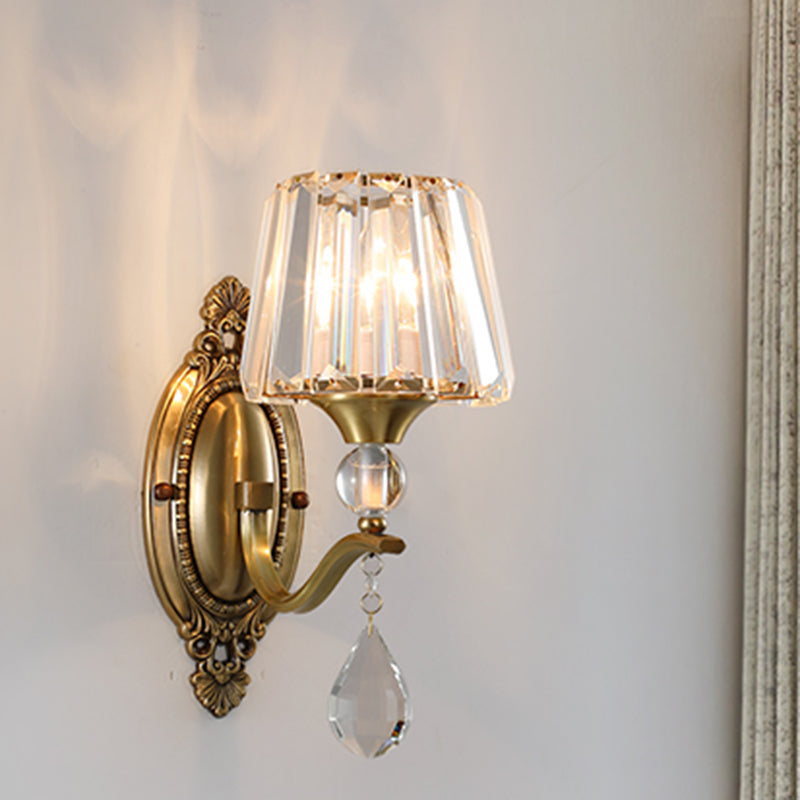 Postmodern Conical Crystal Block Wall Mount Light 1/2 Lights Sconce Light in Brass for Living Room 1.0 Brass Clearhalo 'Modern wall lights' 'Modern' 'Wall Lamps & Sconces' 'Wall Lights' Lighting' 254966