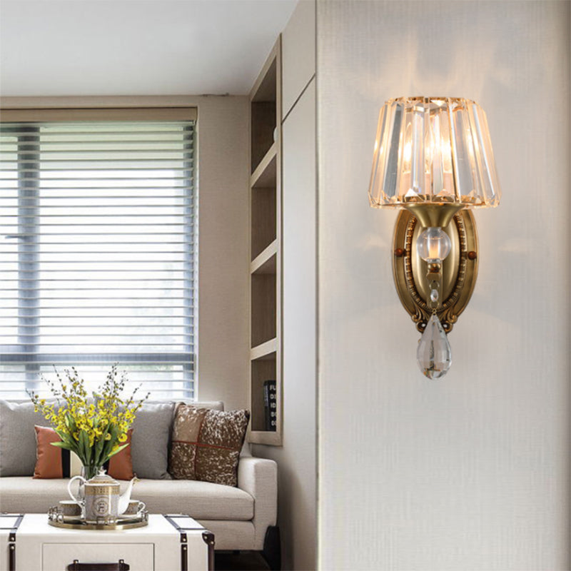 Postmodern Conical Crystal Block Wall Mount Light 1/2 Lights Sconce Light in Brass for Living Room Clearhalo 'Modern wall lights' 'Modern' 'Wall Lamps & Sconces' 'Wall Lights' Lighting' 254967