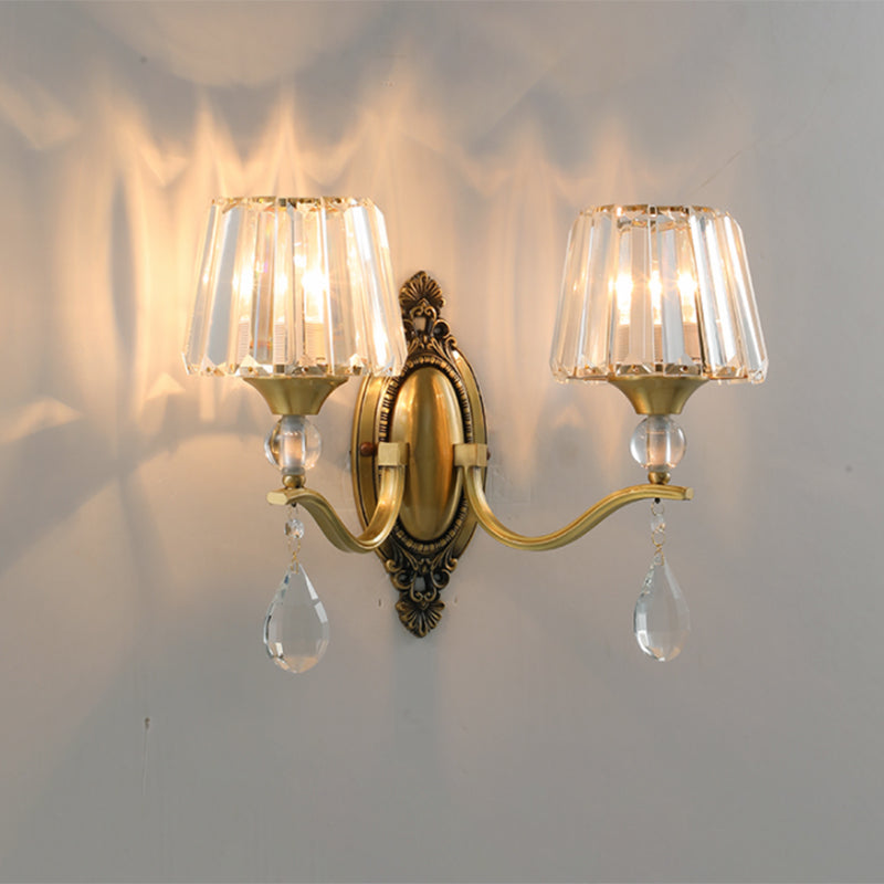 Postmodern Conical Crystal Block Wall Mount Light 1/2 Lights Sconce Light in Brass for Living Room 2.0 Brass Clearhalo 'Modern wall lights' 'Modern' 'Wall Lamps & Sconces' 'Wall Lights' Lighting' 254970