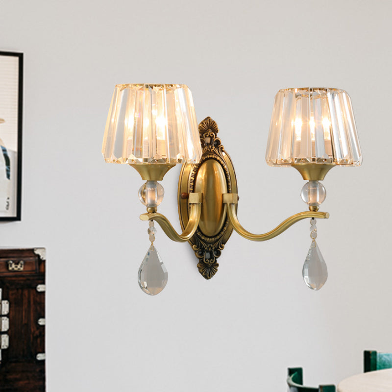 Postmodern Conical Crystal Block Wall Mount Light 1/2 Lights Sconce Light in Brass for Living Room Clearhalo 'Modern wall lights' 'Modern' 'Wall Lamps & Sconces' 'Wall Lights' Lighting' 254972