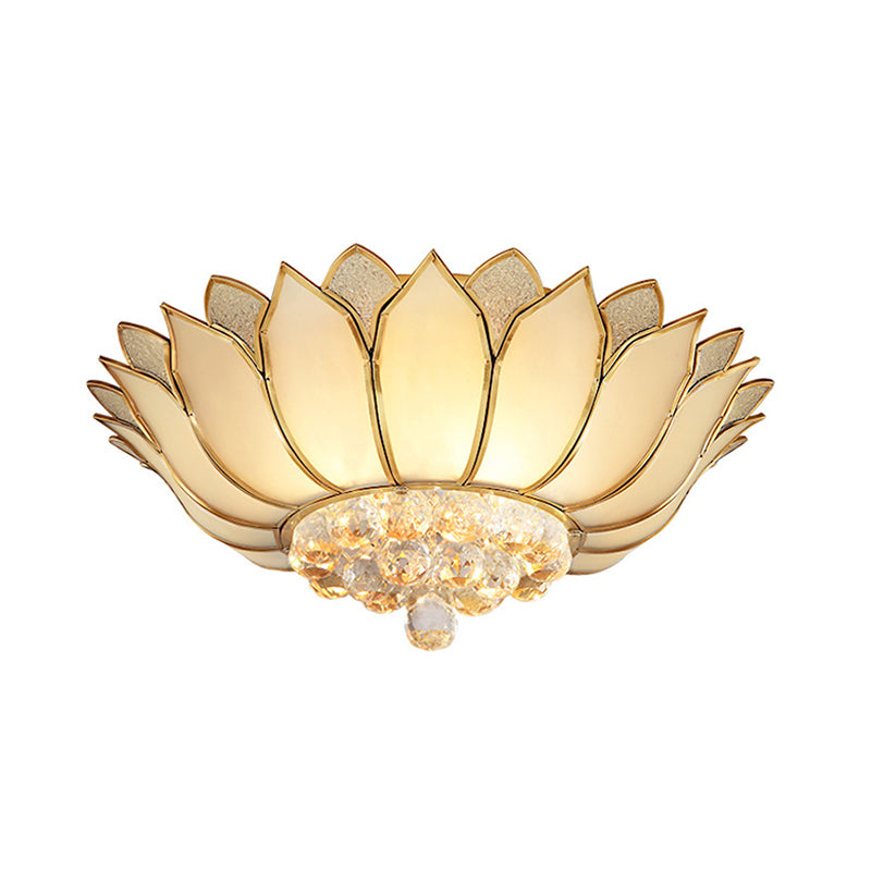 Golden Lotus Flush Mount Light Traditional 4/6 Lights Glass Ceiling Lamp with Crystal Drop Clearhalo 'Ceiling Lights' 'Close To Ceiling Lights' 'Close to ceiling' 'Flush mount' Lighting' 254983