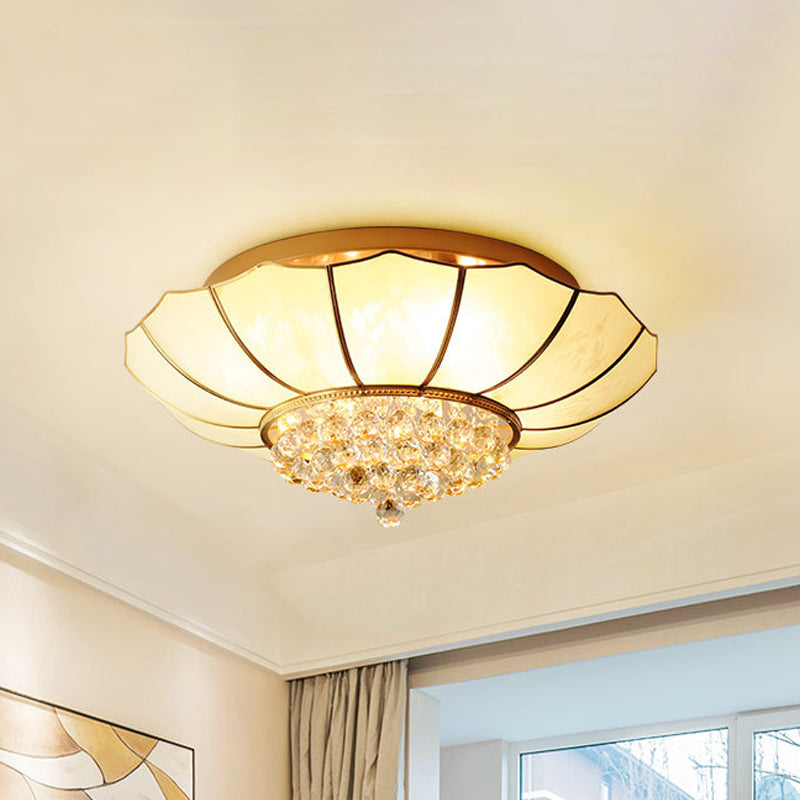 White Flared Ceiling Flush Mount Contemporary 4/6-Light Ribbed Glass Flushmount Lighting with Crystal Finial Clearhalo 'Ceiling Lights' 'Close To Ceiling Lights' 'Close to ceiling' 'Flush mount' Lighting' 255014