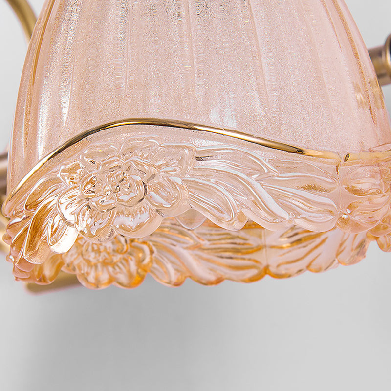 Floral Shade Wall Light Sconce Modern Style Amber Glass 2/3 Bulbs Bathroom Vanity Light in Brass Finish, 16.5"/24.5" W Clearhalo 'Modern wall lights' 'Modern' 'Vanity Lights' 'Wall Lights' Lighting' 255195