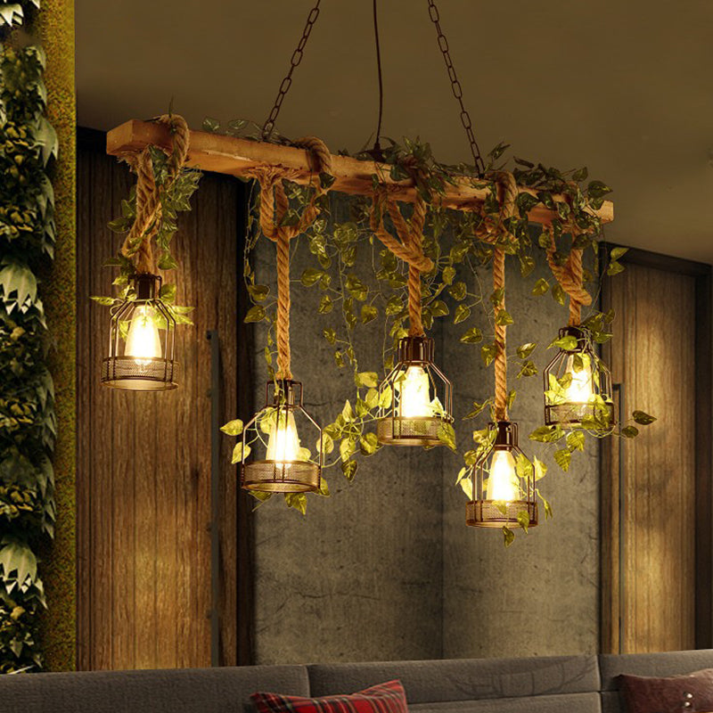 Island Pendant Light Industrial Style Linear Wood Hanging Chandelier Beige with Cage Shade Beige Clearhalo 'Ceiling Lights' 'Island Lights' Lighting' 2552789