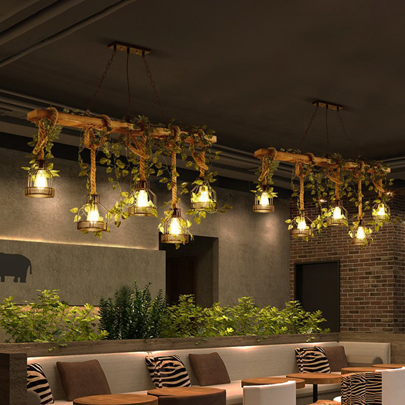 Island Pendant Light Industrial Style Linear Wood Hanging Chandelier Beige with Cage Shade Clearhalo 'Ceiling Lights' 'Island Lights' Lighting' 2552790