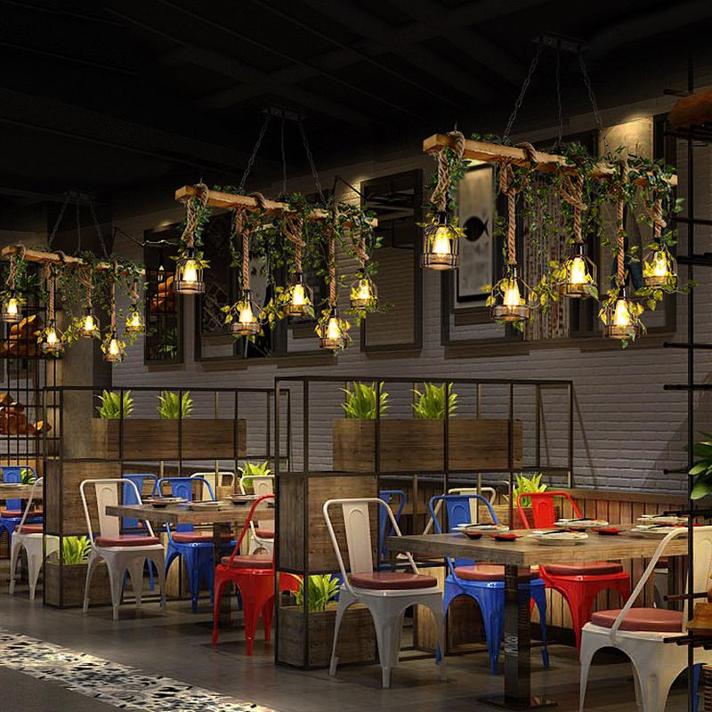 Island Pendant Light Industrial Style Linear Wood Hanging Chandelier Beige with Cage Shade Clearhalo 'Ceiling Lights' 'Island Lights' Lighting' 2552792