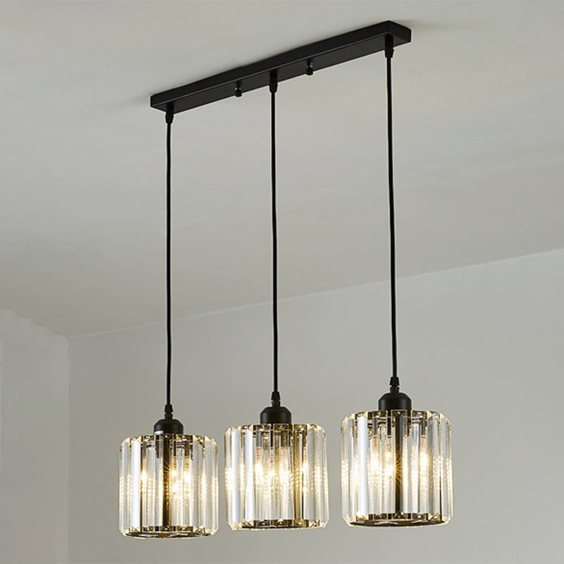 Modern Pendant Lighting Fixture Black Cylindrical Suspension Light with Crystal Shade Black Barrel Linear Clearhalo 'Art Deco Pendants' 'Cast Iron' 'Ceiling Lights' 'Ceramic' 'Crystal' 'Industrial Pendants' 'Industrial' 'Metal' 'Middle Century Pendants' 'Modern Pendants' 'Modern' 'Pendant Lights' 'Pendants' 'Tiffany' Lighting' 2552892