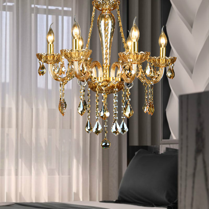 6 Heads Gold Glass Hanging Ceiling Light Traditional Candle Living Room Chandelier Lighting with Crystal Drop Clearhalo 'Ceiling Lights' 'Chandeliers' Lighting' options 255362