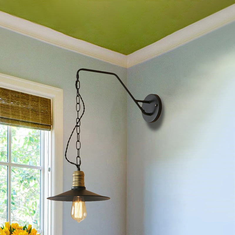 1 Bulb Wall Hanging Light with Flat Shade and Chain Metal Vintage Style Living Room Sconce Lighting in Black, 7"/10" W Clearhalo 'Art deco wall lights' 'Cast Iron' 'Glass' 'Industrial wall lights' 'Industrial' 'Middle century wall lights' 'Modern' 'Rustic wall lights' 'Tiffany' 'Traditional wall lights' 'Wall Lamps & Sconces' 'Wall Lights' Lighting' 255389