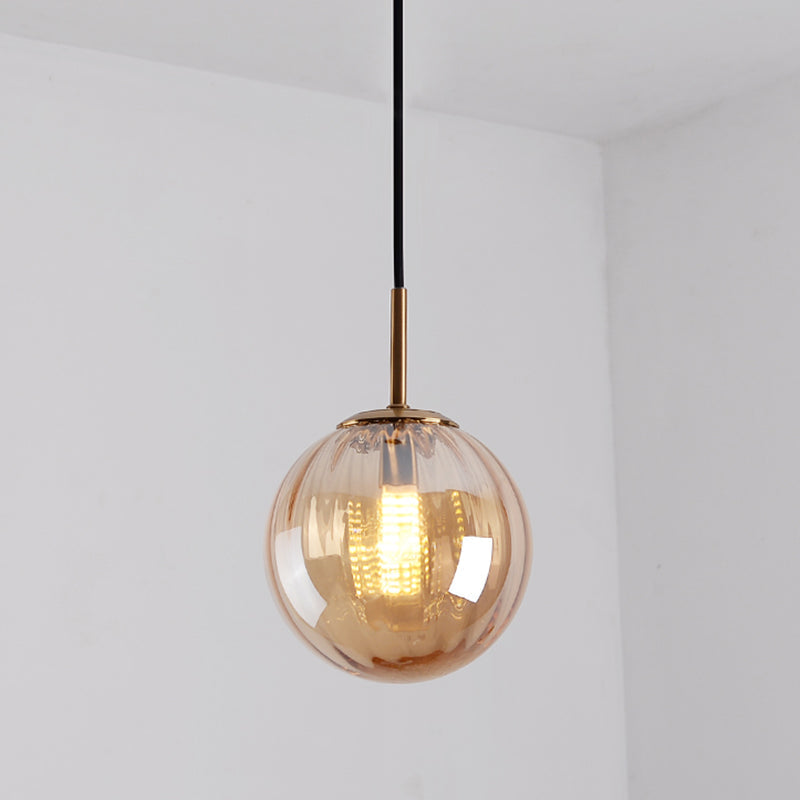 Mid-Century Spherical Hanging Light Kit Glass 1-Light Restaurant Drop Pendant in Brass Cognac Clearhalo 'Ceiling Lights' 'Glass shade' 'Glass' 'Modern Pendants' 'Modern' 'Pendant Lights' 'Pendants' Lighting' 2554244