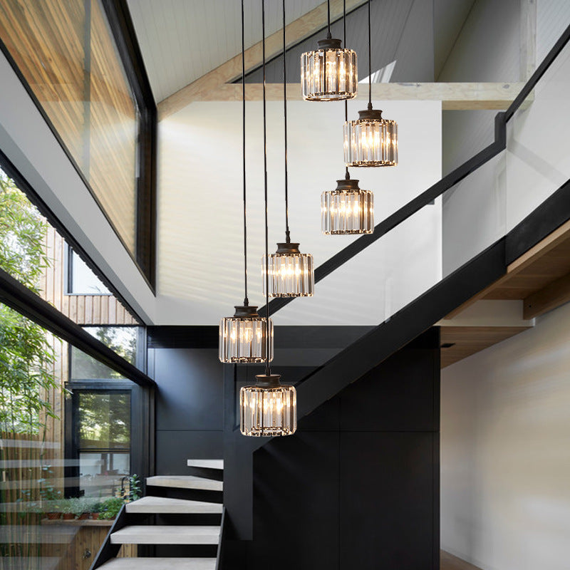 Prismatic Crystal Cylindrical Ceiling Pendant Light Modernism Multiple Hanging Light for Stairway Clearhalo 'Ceiling Lights' 'Modern Pendants' 'Modern' 'Pendant Lights' 'Pendants' Lighting' 2554260