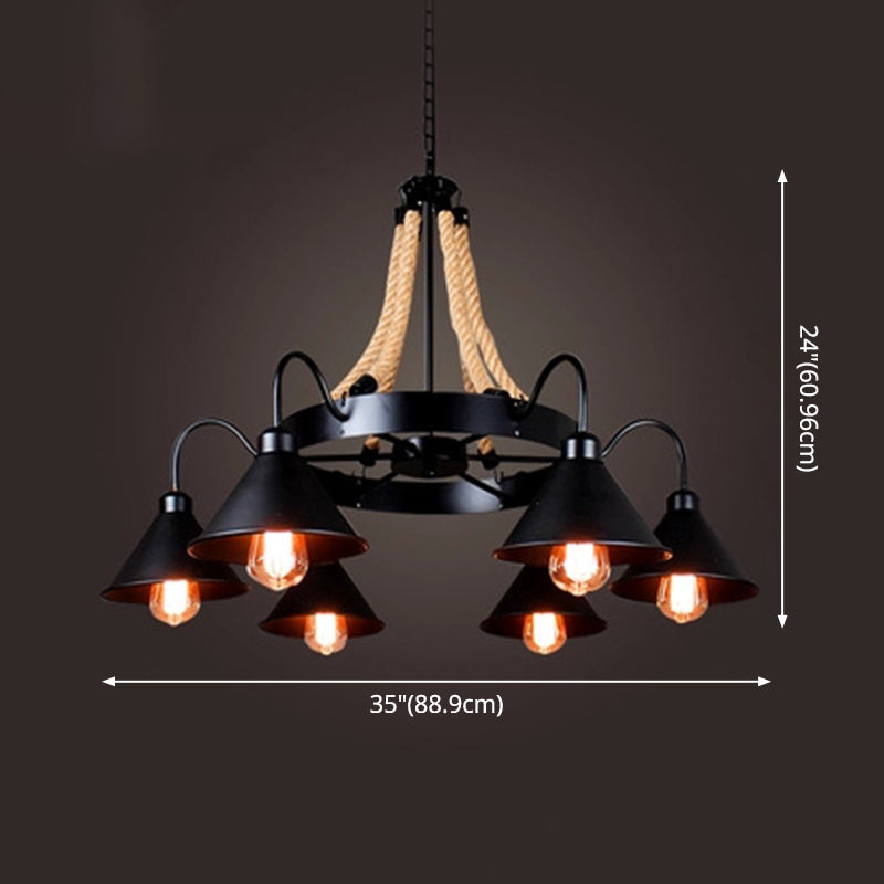 Industrial Art Hanging Chandelier Light with Rope and Cone Metal Shade in Black Clearhalo 'Cast Iron' 'Ceiling Lights' 'Chandeliers' 'Industrial Chandeliers' 'Industrial' 'Metal' 'Middle Century Chandeliers' 'Rustic Chandeliers' 'Tiffany' Lighting' 2554288