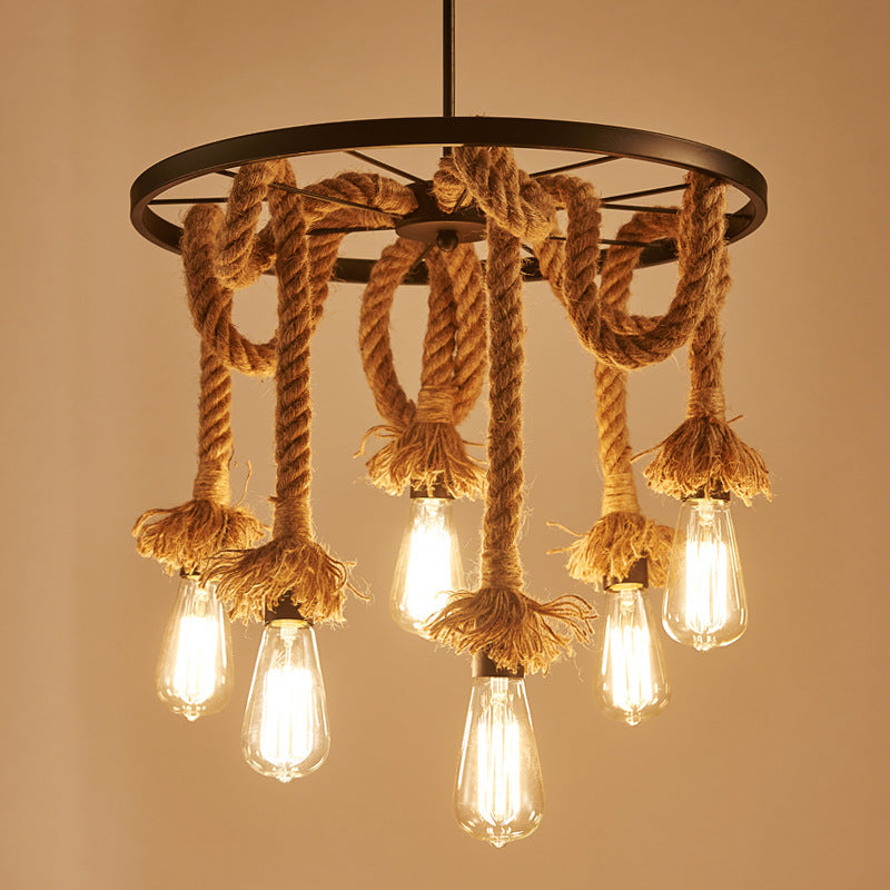 Black Metal Wagon Wheel Chandelier Retro Industrial Rope Suspension Light for Restaurant Clearhalo 'Ceiling Lights' 'Chandeliers' 'Industrial Chandeliers' 'Industrial' 'Middle Century Chandeliers' 'Tiffany' Lighting' 2554290