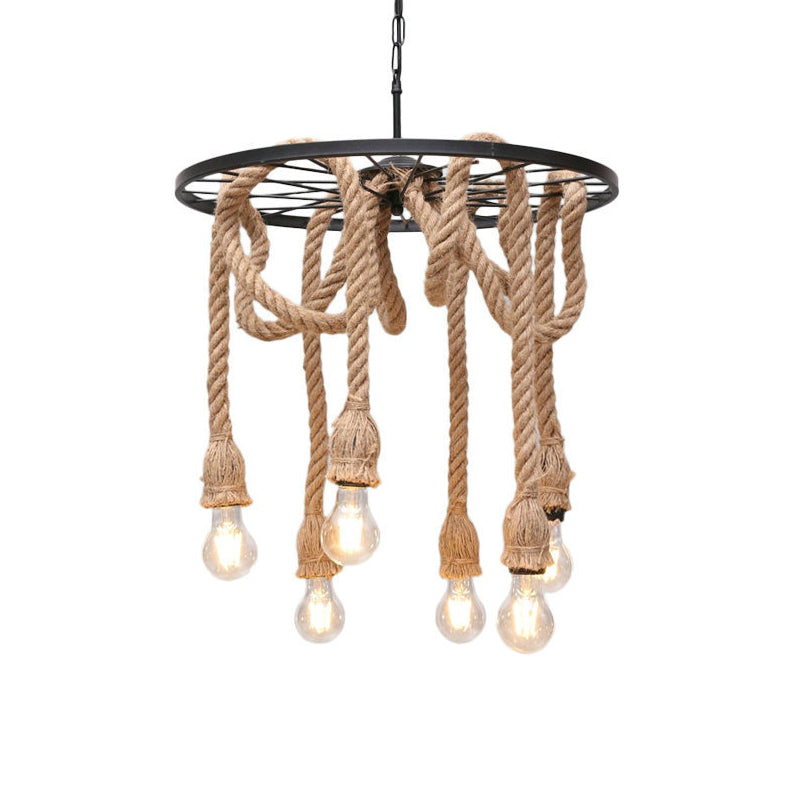 Black Metal Wagon Wheel Chandelier Retro Industrial Rope Suspension Light for Restaurant Clearhalo 'Ceiling Lights' 'Chandeliers' 'Industrial Chandeliers' 'Industrial' 'Middle Century Chandeliers' 'Tiffany' Lighting' 2554295