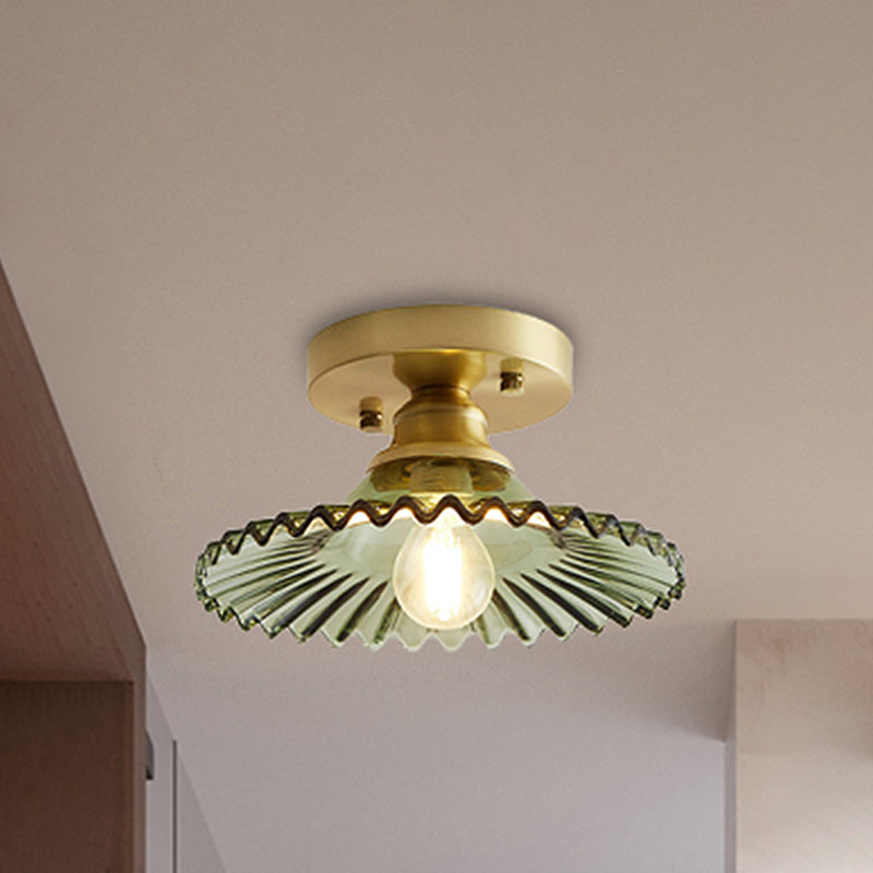 1 Light Flared Semi Flush Light Industrial Clear/Green Ribbed Glass Ceiling Mount for Living Room Green Clearhalo 'Ceiling Lights' 'Close To Ceiling Lights' 'Close to ceiling' 'Flush mount' Lighting' 255456