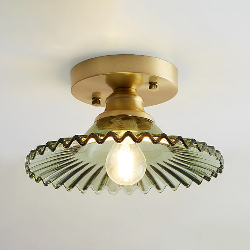 1 Light Flared Semi Flush Light Industrial Clear/Green Ribbed Glass Ceiling Mount for Living Room Clearhalo 'Ceiling Lights' 'Close To Ceiling Lights' 'Close to ceiling' 'Flush mount' Lighting' 255457