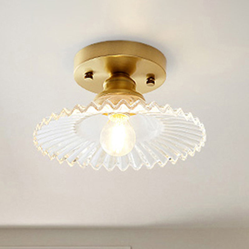 1 Light Flared Semi Flush Light Industrial Clear/Green Ribbed Glass Ceiling Mount for Living Room Clear Clearhalo 'Ceiling Lights' 'Close To Ceiling Lights' 'Close to ceiling' 'Flush mount' Lighting' 255458