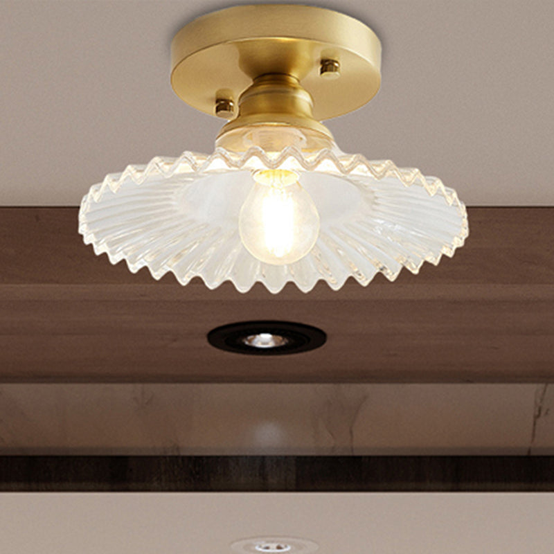 1 Light Flared Semi Flush Light Industrial Clear/Green Ribbed Glass Ceiling Mount for Living Room Clearhalo 'Ceiling Lights' 'Close To Ceiling Lights' 'Close to ceiling' 'Flush mount' Lighting' 255459