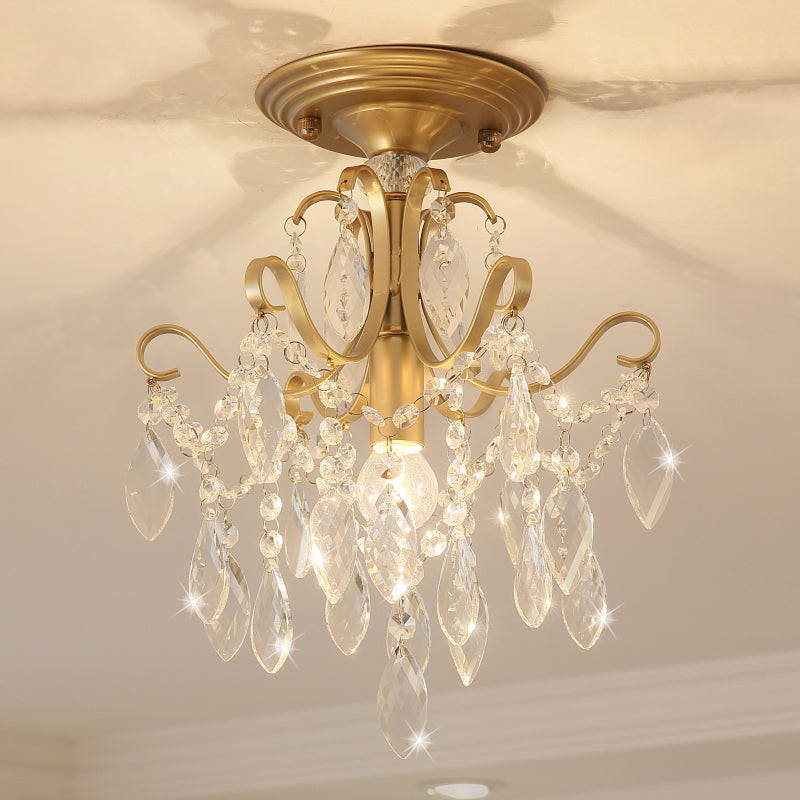 Bent Armed Golden Semi Flush Mount Light Metallic 1 Light Traditional Ceiling Light Fixture with Crystal Droplet Clearhalo 'Ceiling Lights' 'Close To Ceiling Lights' 'Close to ceiling' 'Semi-flushmount' Lighting' 255491