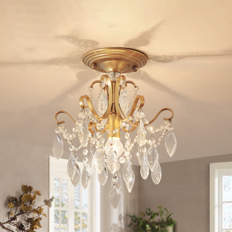 Bent Armed Golden Semi Flush Mount Light Metallic 1 Light Traditional Ceiling Light Fixture with Crystal Droplet Gold Clearhalo 'Ceiling Lights' 'Close To Ceiling Lights' 'Close to ceiling' 'Semi-flushmount' Lighting' 255492