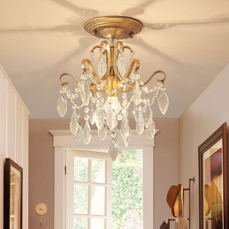 Bent Armed Golden Semi Flush Mount Light Metallic 1 Light Traditional Ceiling Light Fixture with Crystal Droplet Clearhalo 'Ceiling Lights' 'Close To Ceiling Lights' 'Close to ceiling' 'Semi-flushmount' Lighting' 255493