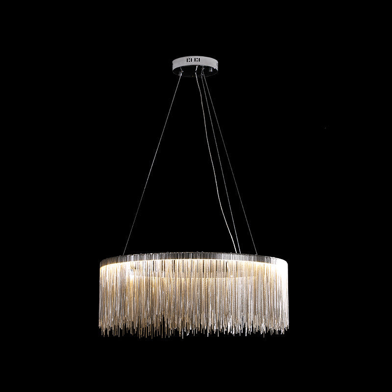Circular Metal Tassel Chain Chandelier Lamp Postmodern Style Living Room Pendant Lighting Fixture with 3-Colored SMD LED Silver 31.5" Clearhalo 'Ceiling Lights' 'Chandeliers' 'Modern Chandeliers' 'Modern' Lighting' 2555135