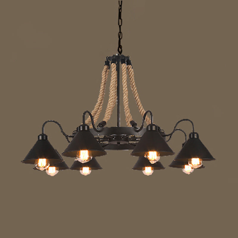 Vintage Industrial Style Large Chandelier with Rope and Cone Metal Shade Coffee Shop Hanging Pendant Light 8 Black Clearhalo 'Ceiling Lights' 'Chandeliers' 'Industrial Chandeliers' 'Industrial' 'Middle Century Chandeliers' 'Tiffany' Lighting' 2555305