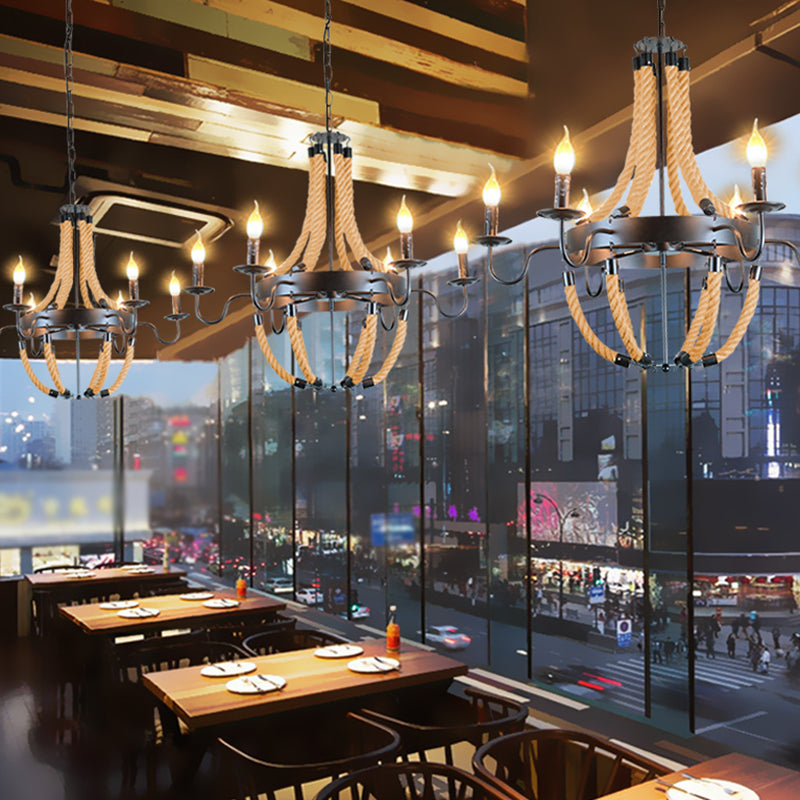 Black Finish Candle Shape Chandelier Light Industrial Rope Style Hanging Pendant Lamp with 39" Adjustable Chain Clearhalo 'Ceiling Lights' 'Chandeliers' 'Industrial Chandeliers' 'Industrial' 'Middle Century Chandeliers' 'Tiffany' Lighting' 2555319