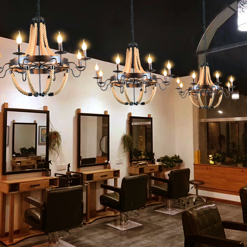 Black Finish Candle Shape Chandelier Light Industrial Rope Style Hanging Pendant Lamp with 39" Adjustable Chain Clearhalo 'Ceiling Lights' 'Chandeliers' 'Industrial Chandeliers' 'Industrial' 'Middle Century Chandeliers' 'Tiffany' Lighting' 2555320