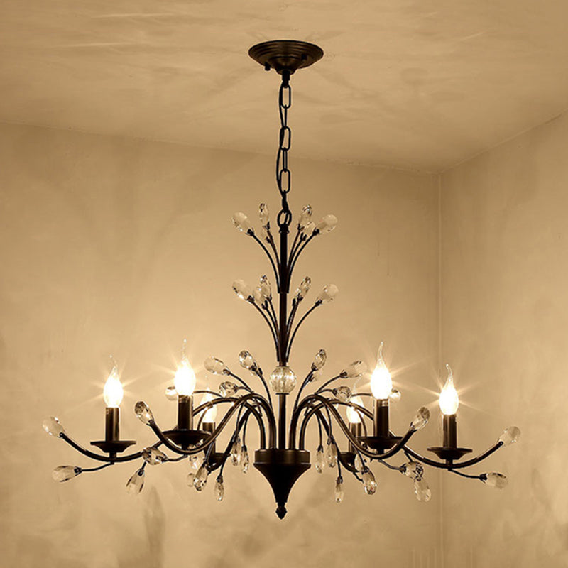Exposed Bulb Metal Ceiling Chandelier Vintage 3/6/9 Lights Living Room Suspension Lighting in Black with Crystal Draping Clearhalo 'Ceiling Lights' 'Chandeliers' Lighting' options 255548