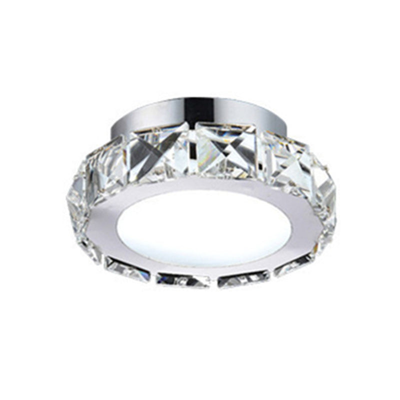 Crystal Embedded Small Ceiling Lamp Simple Stainless Steel LED Flush Light for Hallway Stainless-Steel Round Clearhalo 'Ceiling Lights' 'Close To Ceiling Lights' 'Close to ceiling' 'Flush mount' Lighting' 2556538