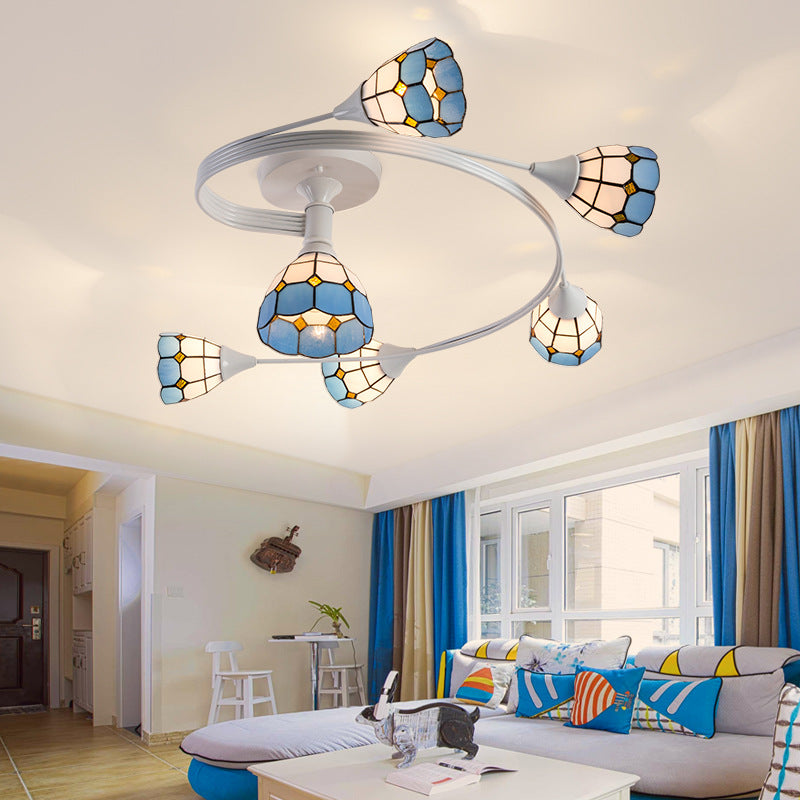 Floral Swirl Semi Flush Light Blue-White Glass Mediterranean Ceiling Light for Living Room Clearhalo 'Ceiling Lights' 'Close To Ceiling Lights' 'Close to ceiling' 'Glass shade' 'Glass' 'Semi-flushmount' 'Tiffany close to ceiling' 'Tiffany' Lighting' 2556572