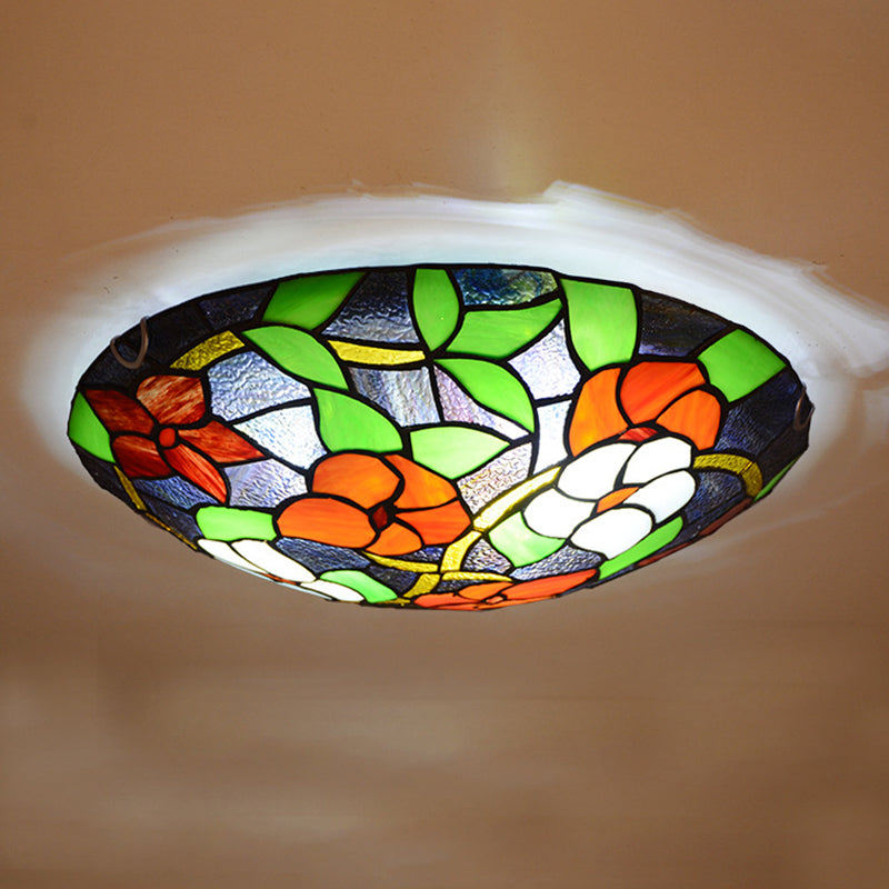 Bedroom Ceiling Fixture Tiffany Black Flush-Mount Light with Round Stained Glass Shade Clearhalo 'Ceiling Lights' 'Close To Ceiling Lights' 'Close to ceiling' 'Flush mount' Lighting' 2556577