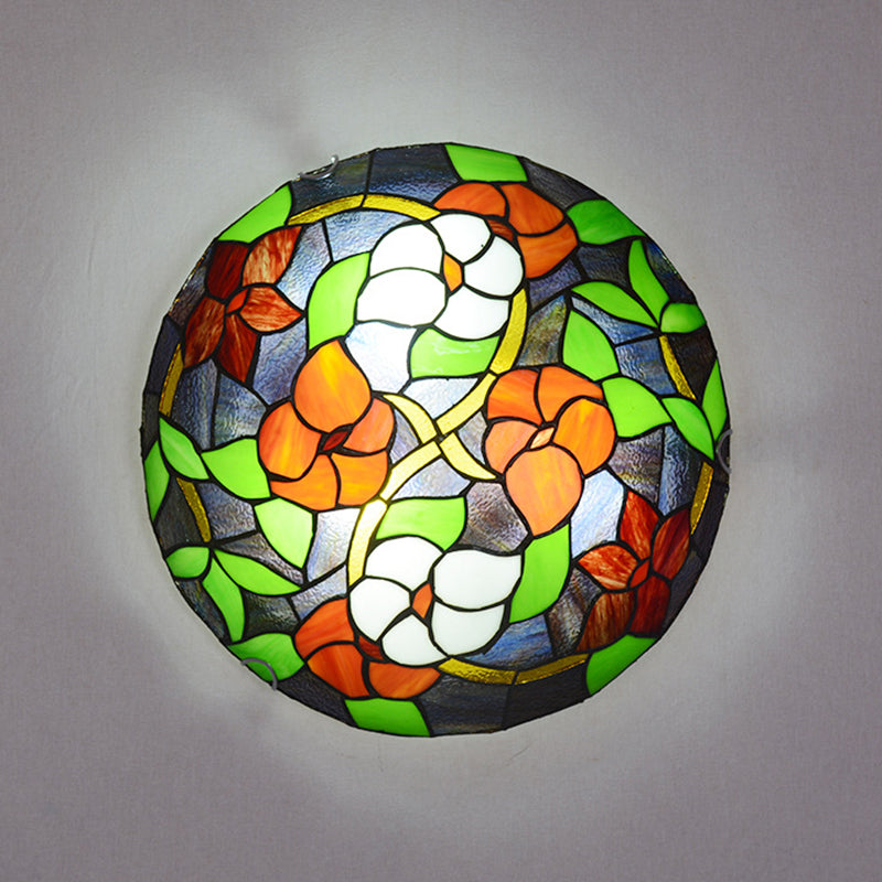 Bedroom Ceiling Fixture Tiffany Black Flush-Mount Light with Round Stained Glass Shade Clearhalo 'Ceiling Lights' 'Close To Ceiling Lights' 'Close to ceiling' 'Flush mount' Lighting' 2556579