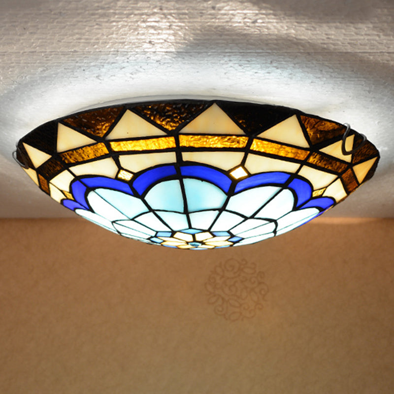 Dome Ceiling Flush Light Vintage Blue Handcrafted Glass Flushmount with Feather Pattern Blue Clearhalo 'Ceiling Lights' 'Close To Ceiling Lights' 'Close to ceiling' 'Flush mount' Lighting' 2556591